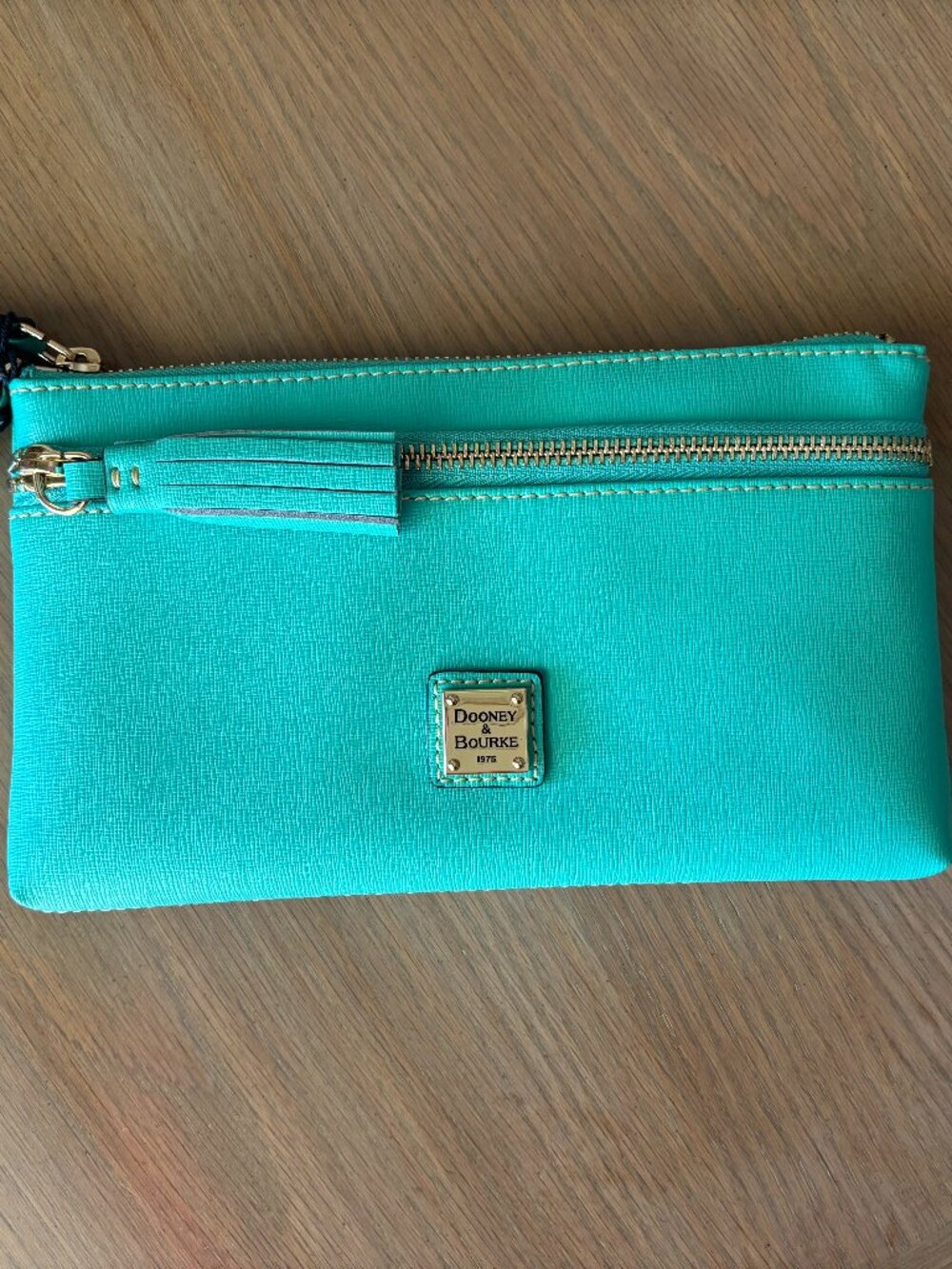 Dooney & Bourke Saffiano Leather Double Zip Wristlet Aqua Blue NWT $188 MSRP